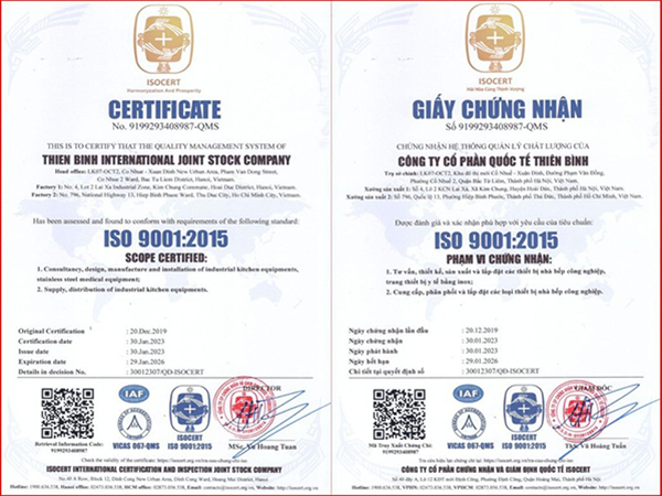 Tư vấn & Thiết kế bếp công nghiệp trọn gói tại Bếp Thiên Bình 5 Giấy chứng nhận ISO 9001-2015