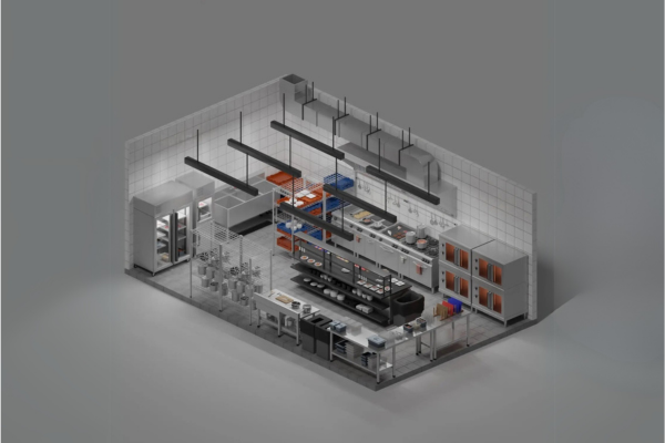 Tư vấn & Thiết kế bếp công nghiệp trọn gói tại Bếp Thiên Bình 2 Thiết kế 3D mặt bằng khu bếp