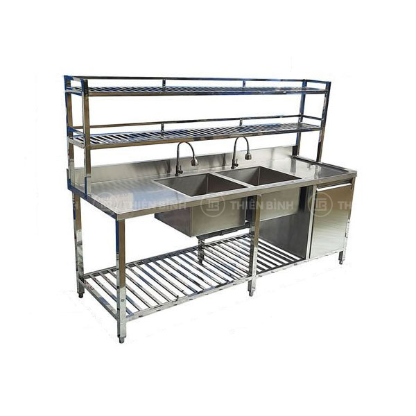 Chậu rửa công nghiệp đôi 2 cánh có kệ trên và hộc tủ