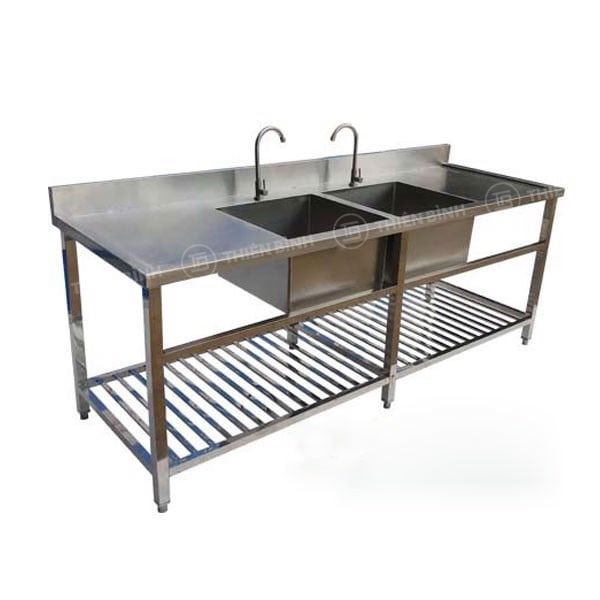 Chậu rửa công nghiệp đôi inox có 2 bàn phụ