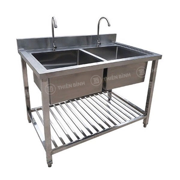 Chậu rửa công nghiệp inox đôi có giá nan dưới