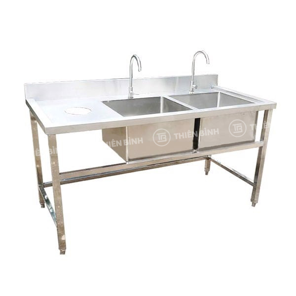 Chậu rửa inox công nghiệp đôi có lỗ xả rác